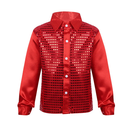 Kids Boys Sequined Shirts Shiny Long Sleeve Shirt Tops Button-Down Shirts Fashion Choir Jazz Dance Costumes Performance Clothes
