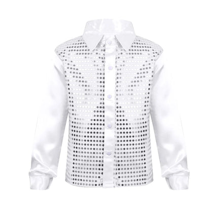 Kids Boys Sequined Shirts Shiny Long Sleeve Shirt Tops Button-Down Shirts Fashion Choir Jazz Dance Costumes Performance Clothes