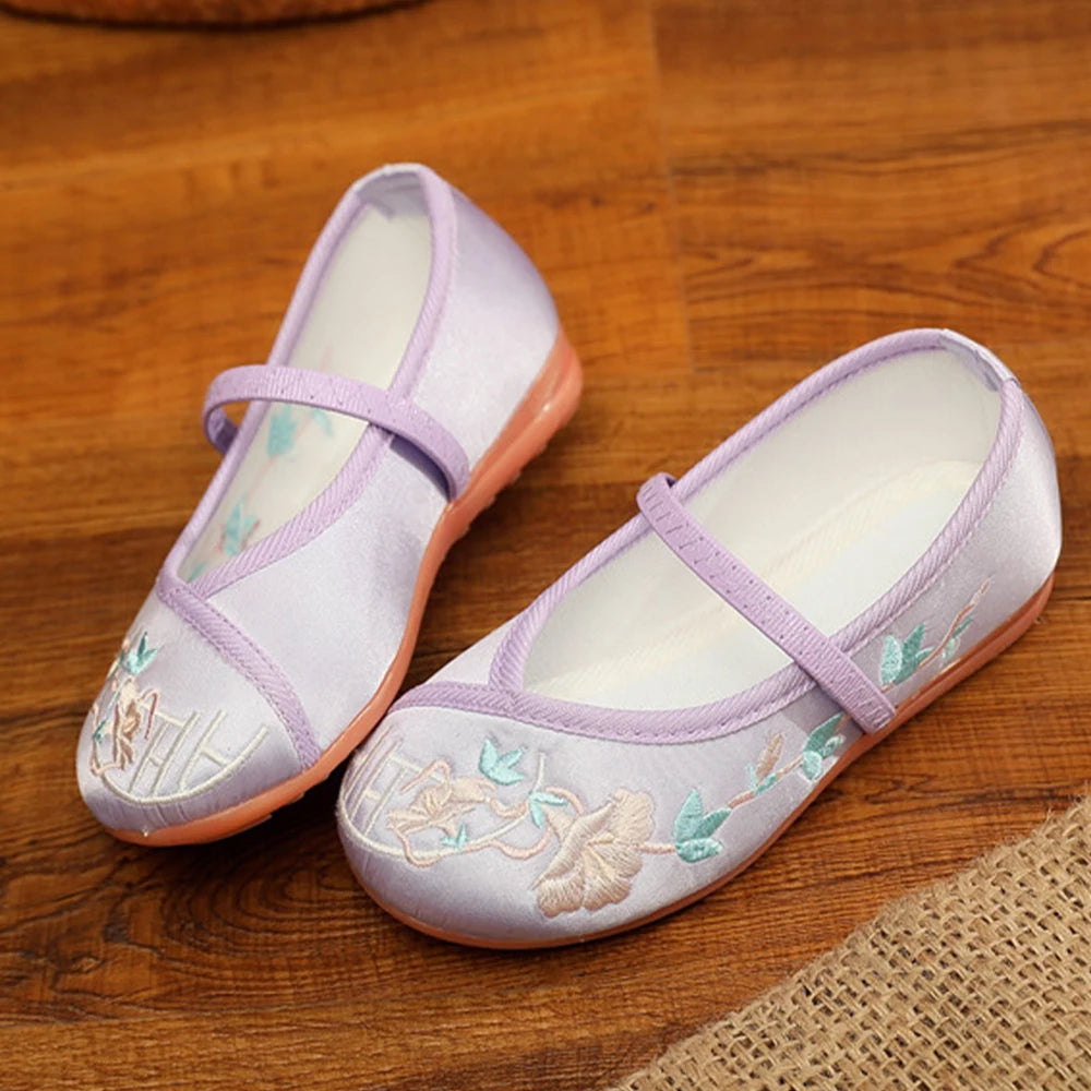 Chinese Style Girls Embroidered Shoes for 1-12Yrs Kids Flower Floral HanFu Shoes Children Soft Rubber Traditional Cloth Shoes