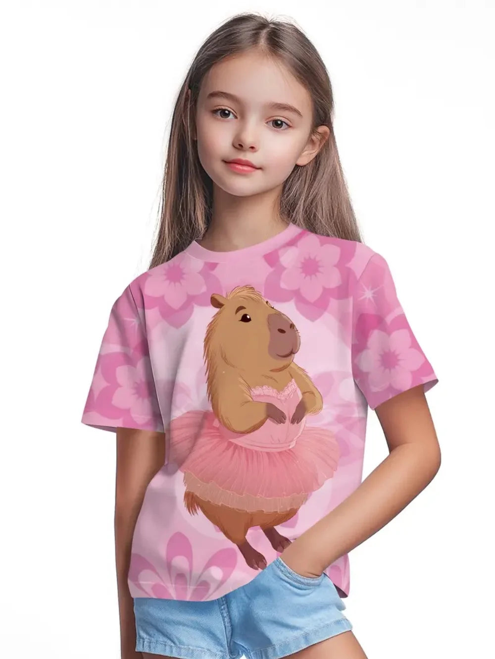 T-Shirts for Girls Fashion Capybara Children Clothes Summer Girls Clothes 7 to 8 Years Tops Cute Cartoon Print Tee Child T-Shirt
