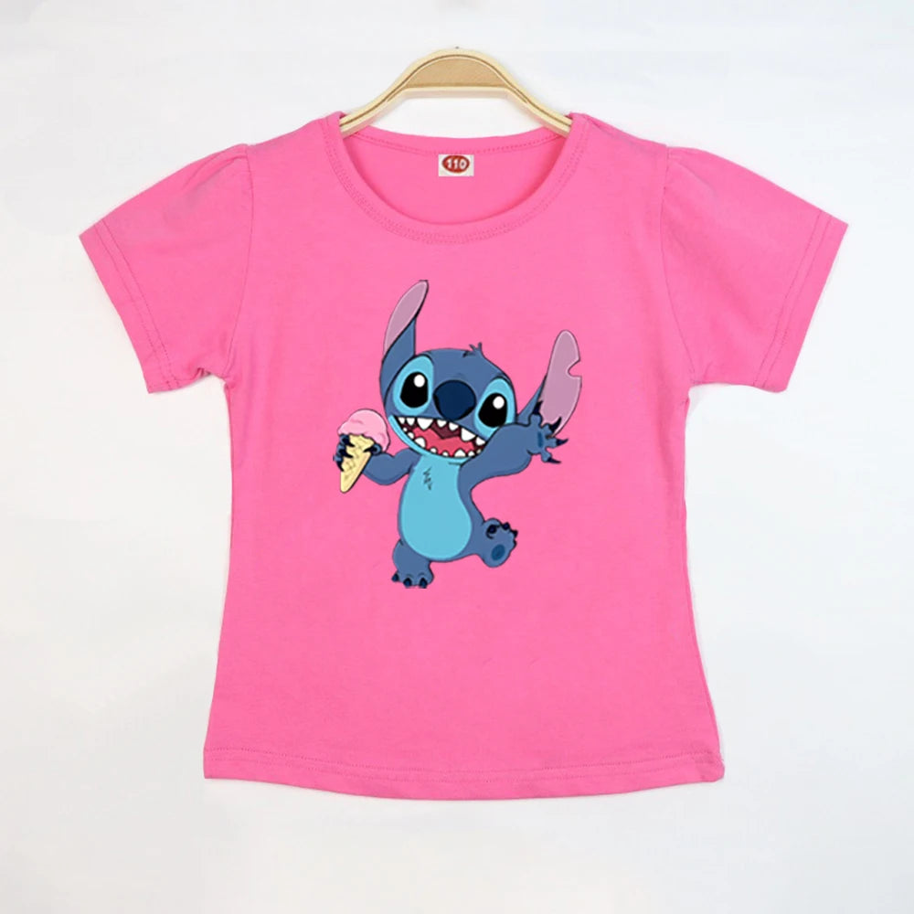 Kid Tops Stitch Girls T Shirts Blue Pink White T-shirts for Kids Teen Girl Clothes Birthday Shirt Top T-SHIRT Children 3-12 Year