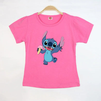 Kid Tops Stitch Girls T Shirts Blue Pink White T-shirts for Kids Teen Girl Clothes Birthday Shirt Top T-SHIRT Children 3-12 Year