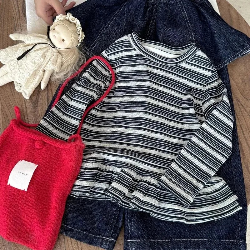 Girls Long Sleeve T-shirts 2025 Spring and Autumn Korean Girls Striped Base Shirt Stylish and Stackable Versatile Top