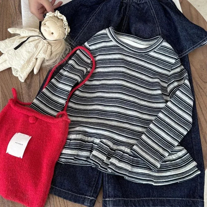 Girls Long Sleeve T-shirts 2025 Spring and Autumn Korean Girls Striped Base Shirt Stylish and Stackable Versatile Top
