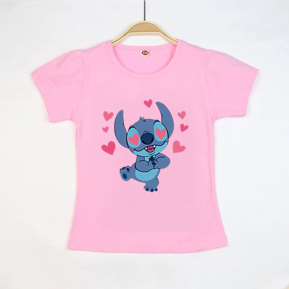 Kid Tops Stitch Girls T Shirts Blue Pink White T-shirts for Kids Teen Girl Clothes Birthday Shirt Top T-SHIRT Children 3-12 Year