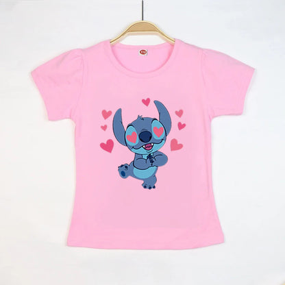 Kid Tops Stitch Girls T Shirts Blue Pink White T-shirts for Kids Teen Girl Clothes Birthday Shirt Top T-SHIRT Children 3-12 Year