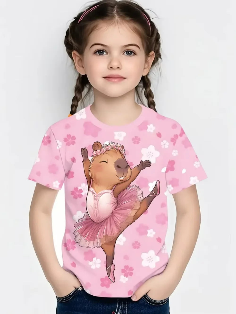 T-Shirts for Girls Fashion Capybara Children Clothes Summer Girls Clothes 7 to 8 Years Tops Cute Cartoon Print Tee Child T-Shirt