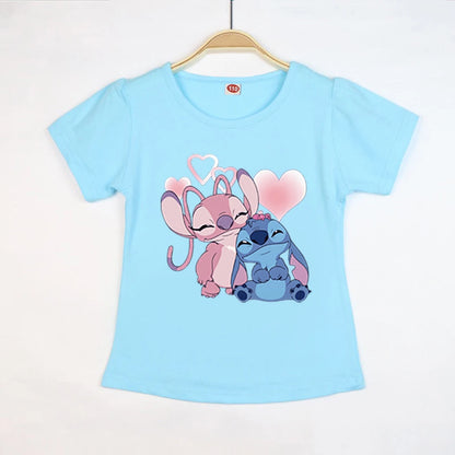 Kid Tops Stitch Girls T Shirts Blue Pink White T-shirts for Kids Teen Girl Clothes Birthday Shirt Top T-SHIRT Children 3-12 Year