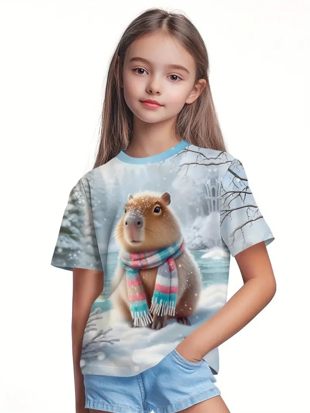 T-Shirts for Girls Fashion Capybara Children Clothes Summer Girls Clothes 7 to 8 Years Tops Cute Cartoon Print Tee Child T-Shirt