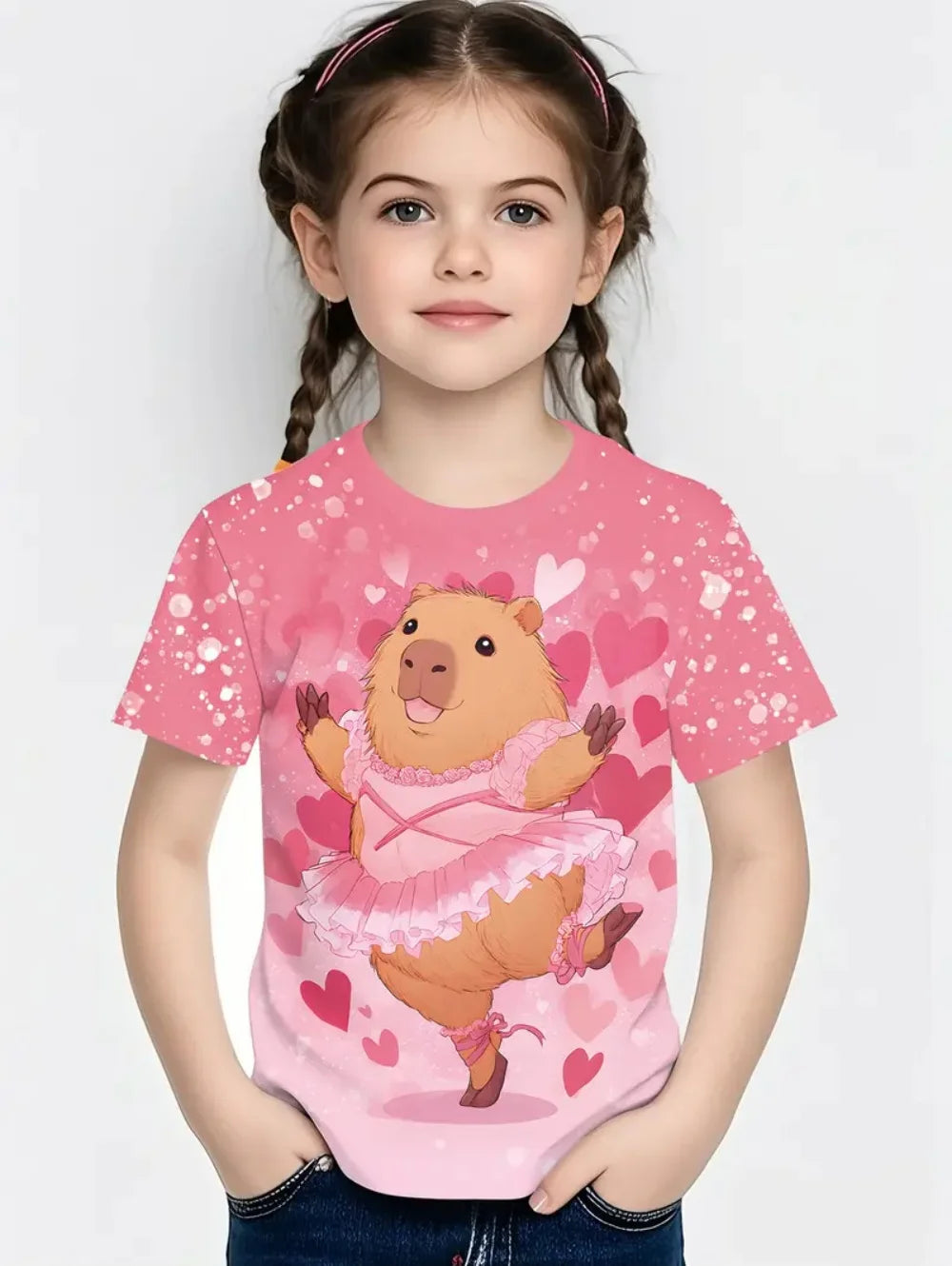 T-Shirts for Girls Fashion Capybara Children Clothes Summer Girls Clothes 7 to 8 Years Tops Cute Cartoon Print Tee Child T-Shirt