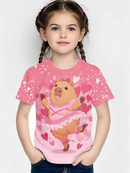 T-Shirts for Girls Fashion Capybara Children Clothes Summer Girls Clothes 7 to 8 Years Tops Cute Cartoon Print Tee Child T-Shirt