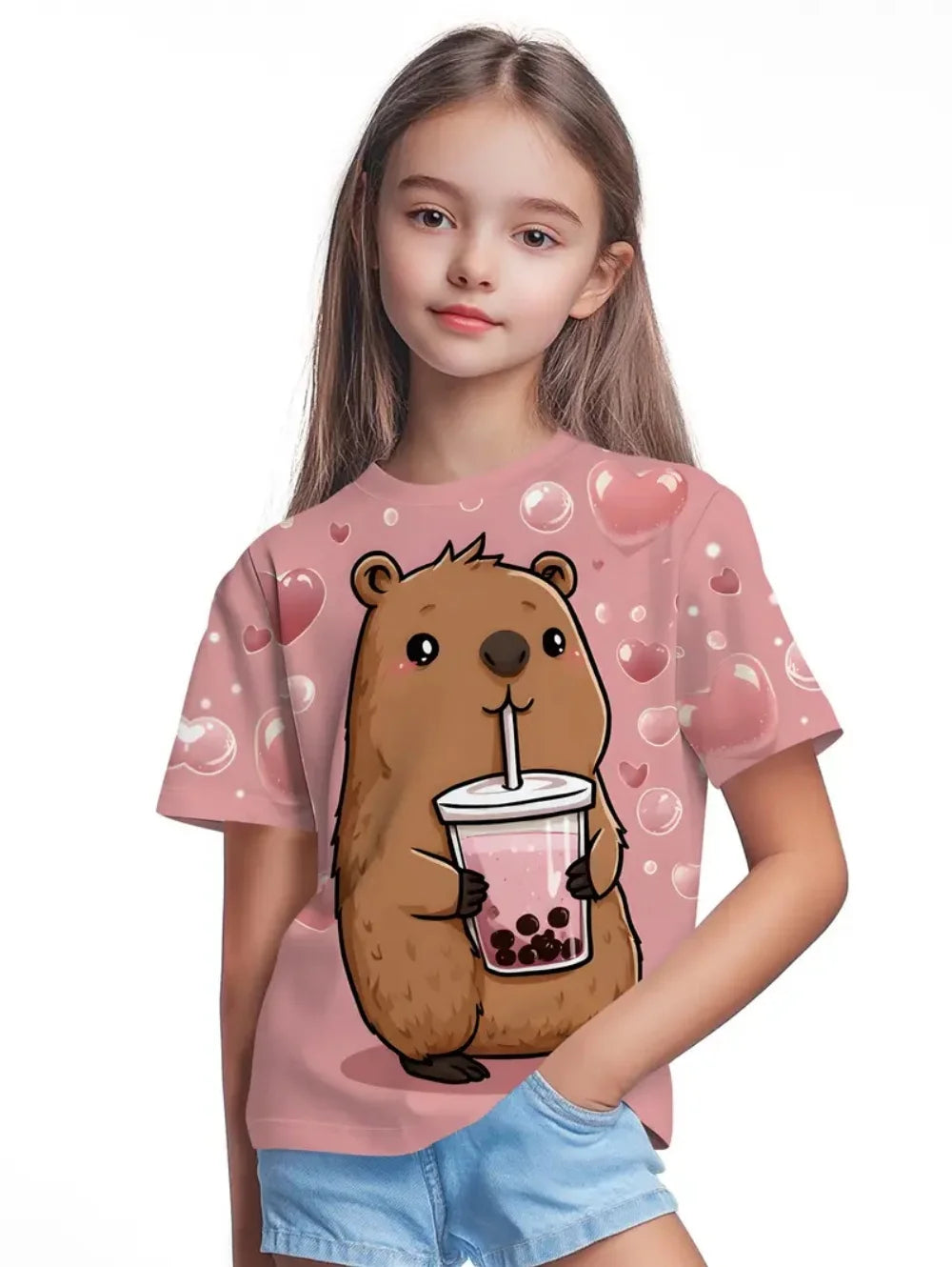 T-Shirts for Girls Fashion Capybara Children Clothes Summer Girls Clothes 7 to 8 Years Tops Cute Cartoon Print Tee Child T-Shirt