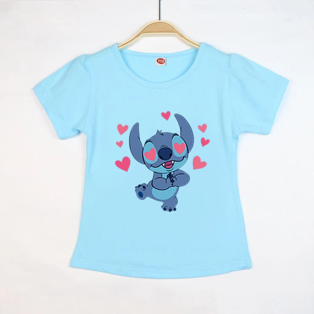 Kid Tops Stitch Girls T Shirts Blue Pink White T-shirts for Kids Teen Girl Clothes Birthday Shirt Top T-SHIRT Children 3-12 Year
