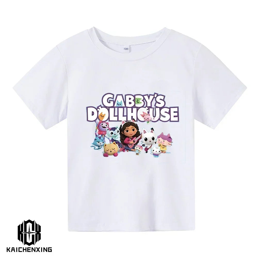 Little Girl T-shirts Kawaii Gabbys Doll House T Shirt Graphic Print Cute Kids Clothes Pink Tshirts Aesthetic Girls Clothes Top
