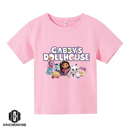 Little Girl T-shirts Kawaii Gabbys Doll House T Shirt Graphic Print Cute Kids Clothes Pink Tshirts Aesthetic Girls Clothes Top