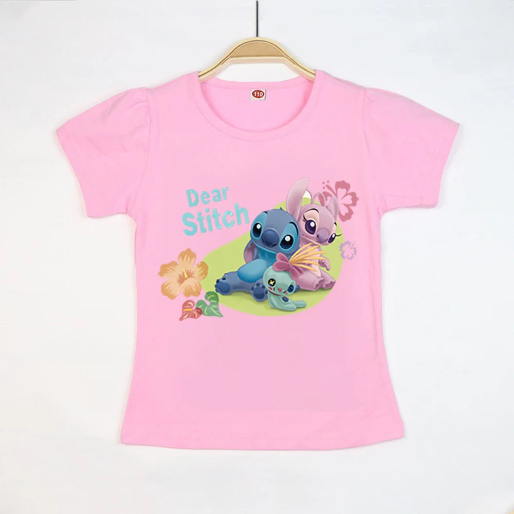 Kid Tops Stitch Girls T Shirts Blue Pink White T-shirts for Kids Teen Girl Clothes Birthday Shirt Top T-SHIRT Children 3-12 Year