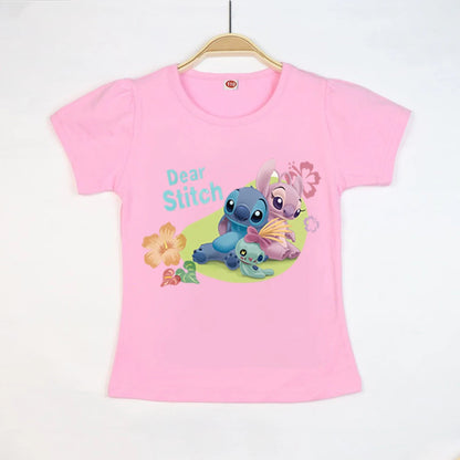 Kid Tops Stitch Girls T Shirts Blue Pink White T-shirts for Kids Teen Girl Clothes Birthday Shirt Top T-SHIRT Children 3-12 Year