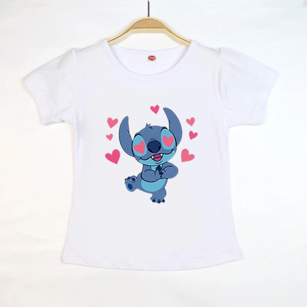 Kid Tops Stitch Girls T Shirts Blue Pink White T-shirts for Kids Teen Girl Clothes Birthday Shirt Top T-SHIRT Children 3-12 Year