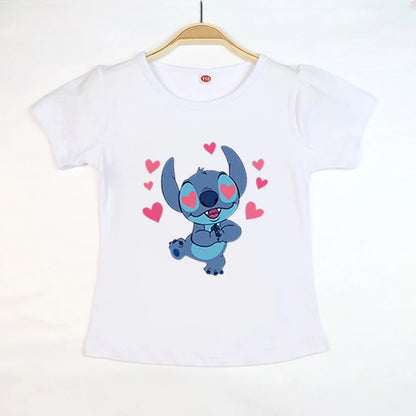 Kid Tops Stitch Girls T Shirts Blue Pink White T-shirts for Kids Teen Girl Clothes Birthday Shirt Top T-SHIRT Children 3-12 Year