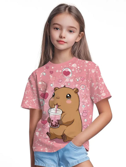 T-Shirts for Girls Fashion Capybara Children Clothes Summer Girls Clothes 7 to 8 Years Tops Cute Cartoon Print Tee Child T-Shirt
