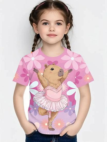 T-Shirts for Girls Fashion Capybara Children Clothes Summer Girls Clothes 7 to 8 Years Tops Cute Cartoon Print Tee Child T-Shirt