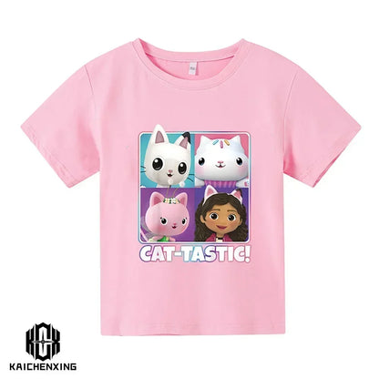 Little Girl T-shirts Kawaii Gabbys Doll House T Shirt Graphic Print Cute Kids Clothes Pink Tshirts Aesthetic Girls Clothes Top