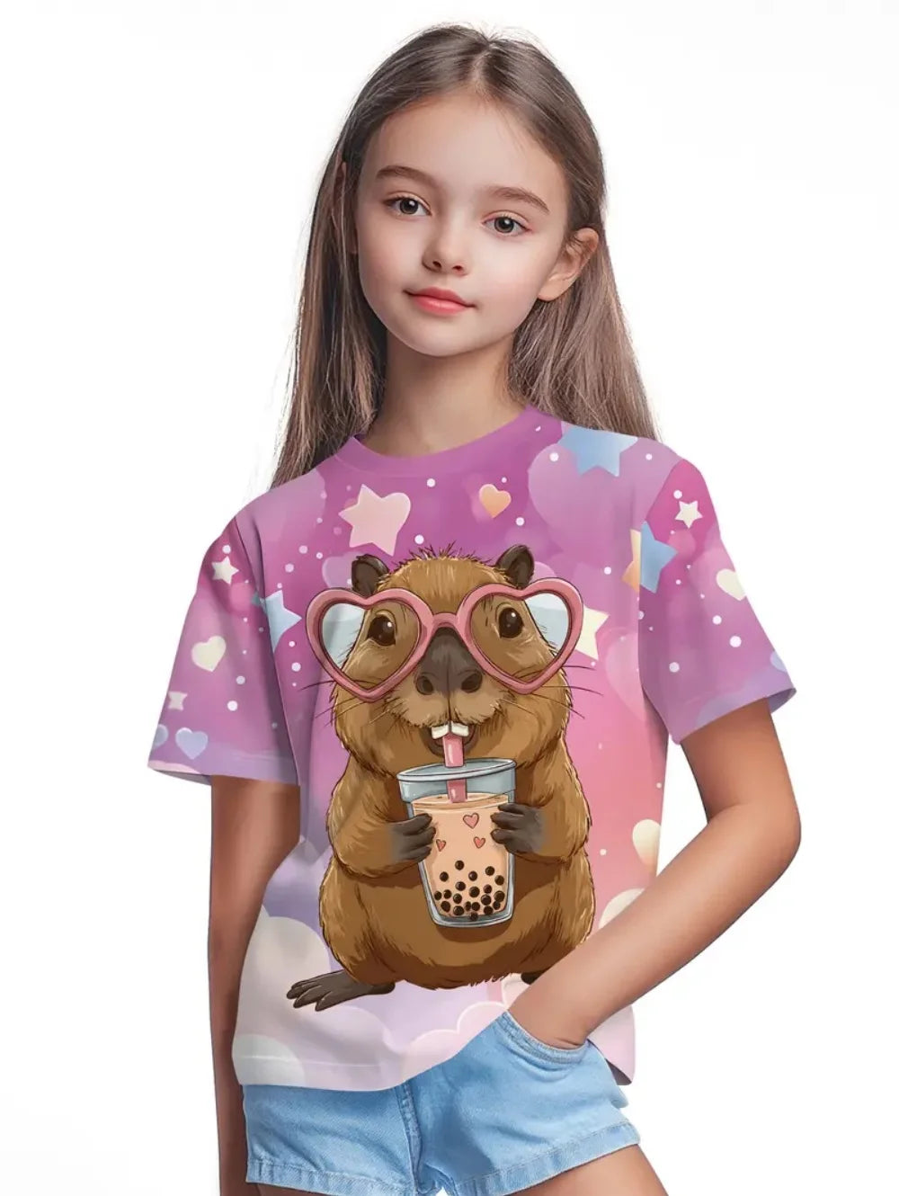 T-Shirts for Girls Fashion Capybara Children Clothes Summer Girls Clothes 7 to 8 Years Tops Cute Cartoon Print Tee Child T-Shirt