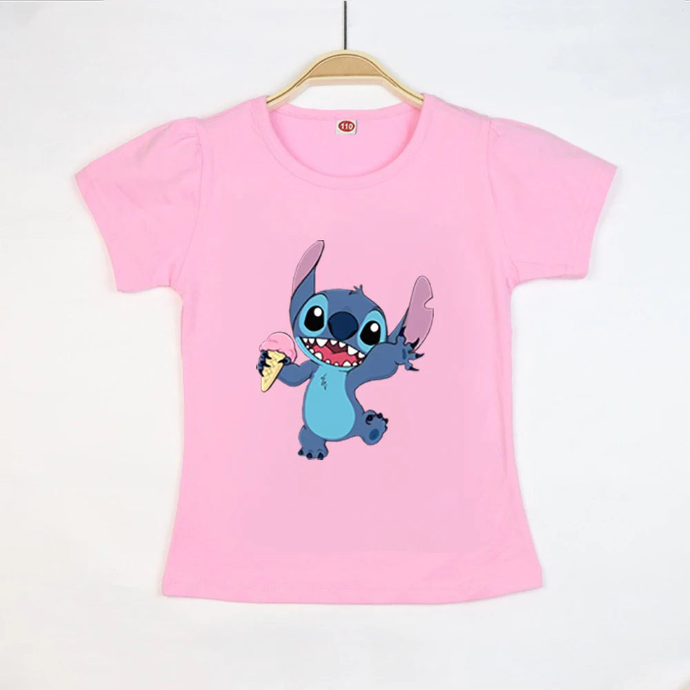 Kid Tops Stitch Girls T Shirts Blue Pink White T-shirts for Kids Teen Girl Clothes Birthday Shirt Top T-SHIRT Children 3-12 Year
