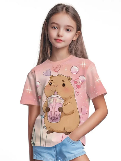 T-Shirts for Girls Fashion Capybara Children Clothes Summer Girls Clothes 7 to 8 Years Tops Cute Cartoon Print Tee Child T-Shirt