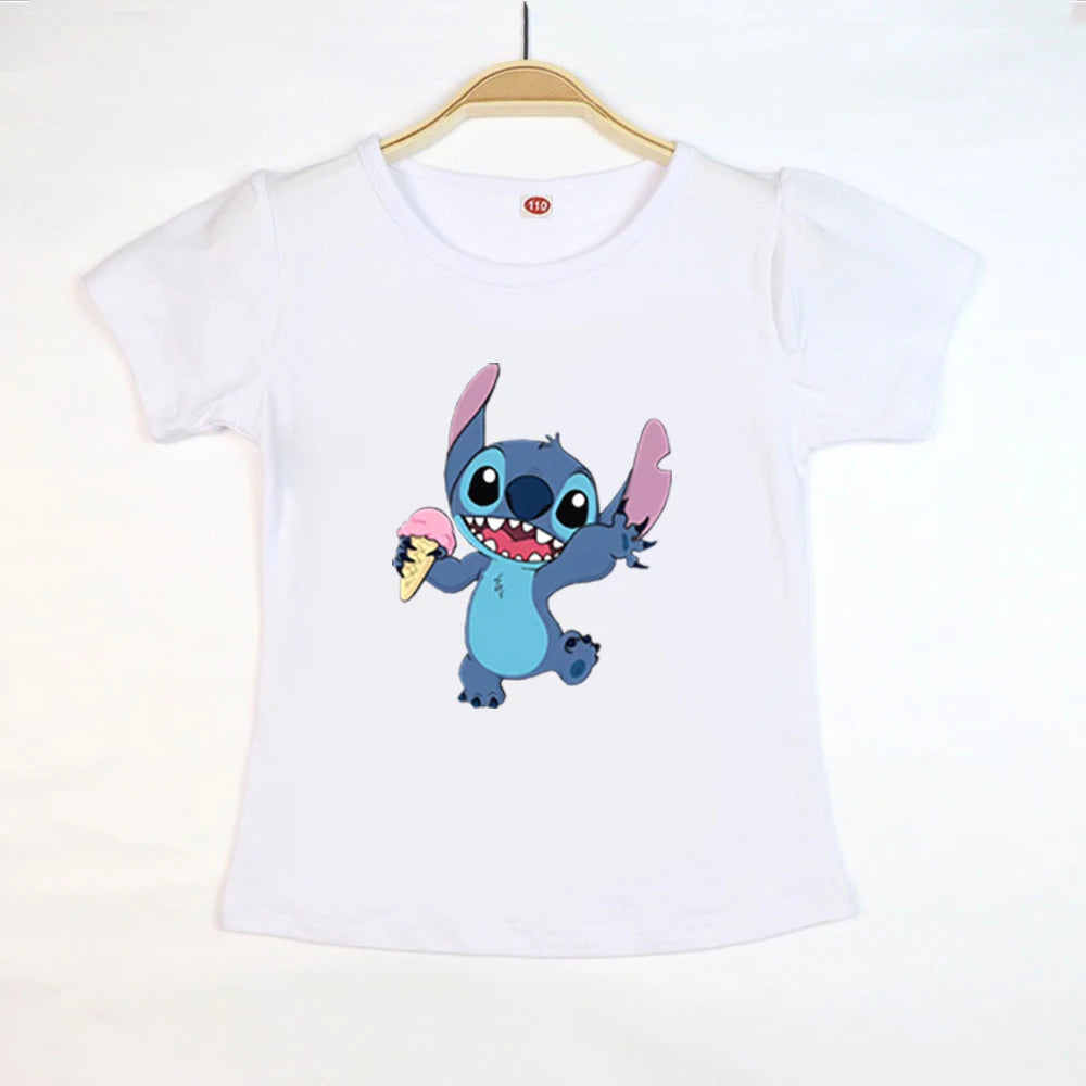Kid Tops Stitch Girls T Shirts Blue Pink White T-shirts for Kids Teen Girl Clothes Birthday Shirt Top T-SHIRT Children 3-12 Year