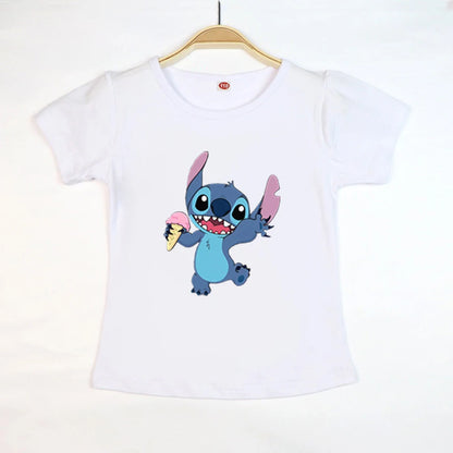 Kid Tops Stitch Girls T Shirts Blue Pink White T-shirts for Kids Teen Girl Clothes Birthday Shirt Top T-SHIRT Children 3-12 Year