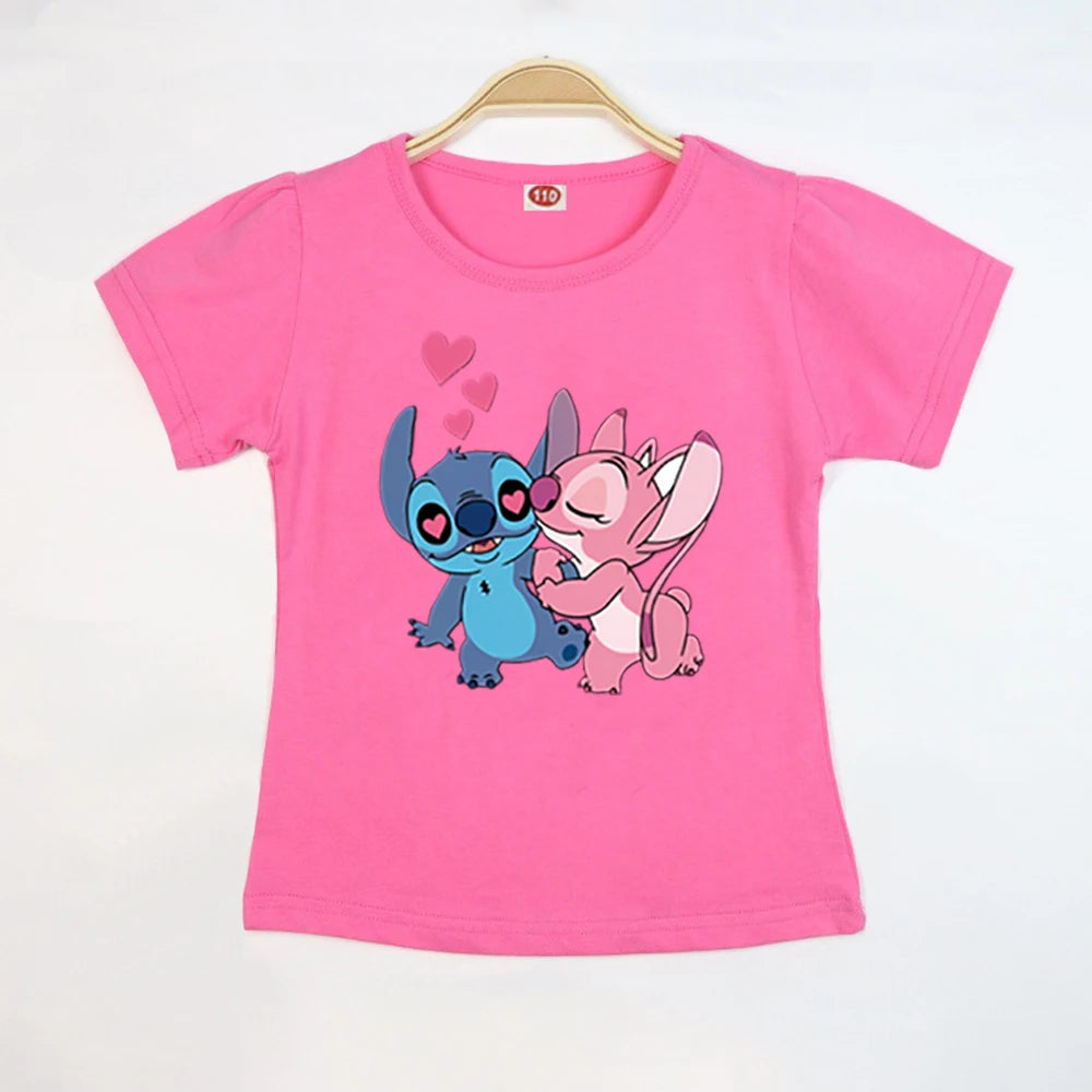 Kid Tops Stitch Girls T Shirts Blue Pink White T-shirts for Kids Teen Girl Clothes Birthday Shirt Top T-SHIRT Children 3-12 Year