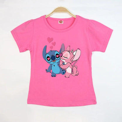 Kid Tops Stitch Girls T Shirts Blue Pink White T-shirts for Kids Teen Girl Clothes Birthday Shirt Top T-SHIRT Children 3-12 Year