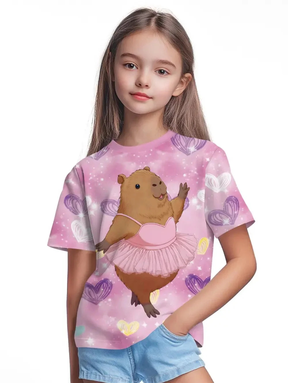 T-Shirts for Girls Fashion Capybara Children Clothes Summer Girls Clothes 7 to 8 Years Tops Cute Cartoon Print Tee Child T-Shirt