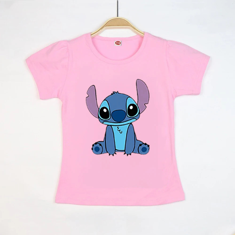 Kid Tops Stitch Girls T Shirts Blue Pink White T-shirts for Kids Teen Girl Clothes Birthday Shirt Top T-SHIRT Children 3-12 Year