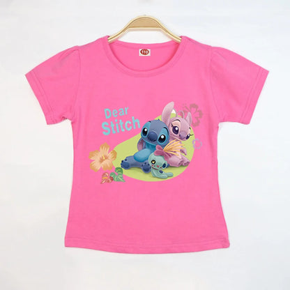 Kid Tops Stitch Girls T Shirts Blue Pink White T-shirts for Kids Teen Girl Clothes Birthday Shirt Top T-SHIRT Children 3-12 Year