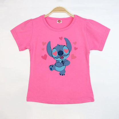 Kid Tops Stitch Girls T Shirts Blue Pink White T-shirts for Kids Teen Girl Clothes Birthday Shirt Top T-SHIRT Children 3-12 Year