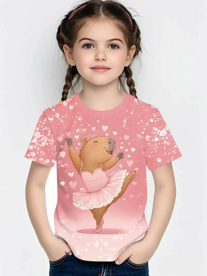 T-Shirts for Girls Fashion Capybara Children Clothes Summer Girls Clothes 7 to 8 Years Tops Cute Cartoon Print Tee Child T-Shirt
