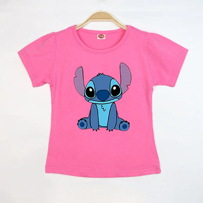 Kid Tops Stitch Girls T Shirts Blue Pink White T-shirts for Kids Teen Girl Clothes Birthday Shirt Top T-SHIRT Children 3-12 Year