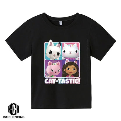 Little Girl T-shirts Kawaii Gabbys Doll House T Shirt Graphic Print Cute Kids Clothes Pink Tshirts Aesthetic Girls Clothes Top