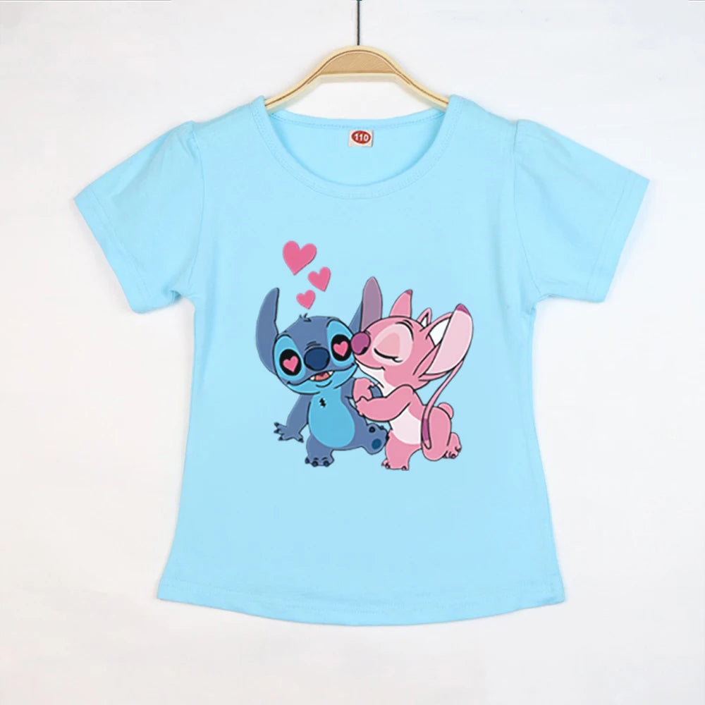 Kid Tops Stitch Girls T Shirts Blue Pink White T-shirts for Kids Teen Girl Clothes Birthday Shirt Top T-SHIRT Children 3-12 Year