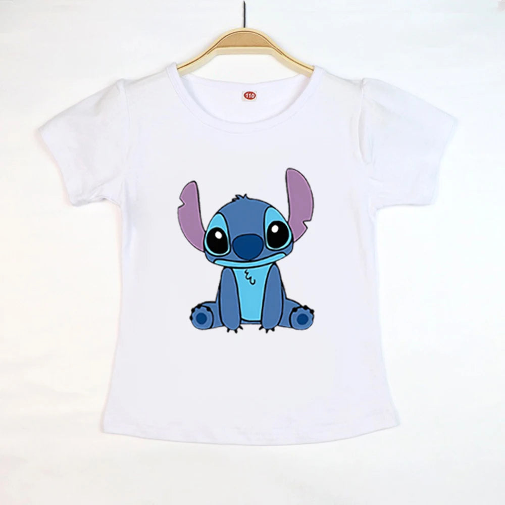 Kid Tops Stitch Girls T Shirts Blue Pink White T-shirts for Kids Teen Girl Clothes Birthday Shirt Top T-SHIRT Children 3-12 Year