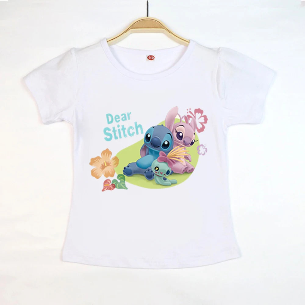 Kid Tops Stitch Girls T Shirts Blue Pink White T-shirts for Kids Teen Girl Clothes Birthday Shirt Top T-SHIRT Children 3-12 Year