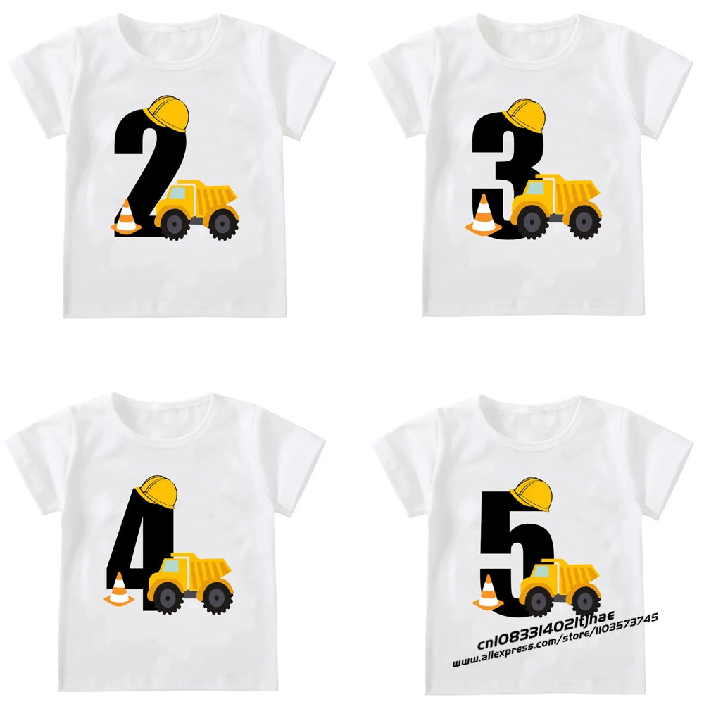 Kids Boys T-shirts Baby Short Sleeve Excavator Tops Children Fashion Tshirt 1 2 3 4 5 Years Boy Construction Birthday Shirts