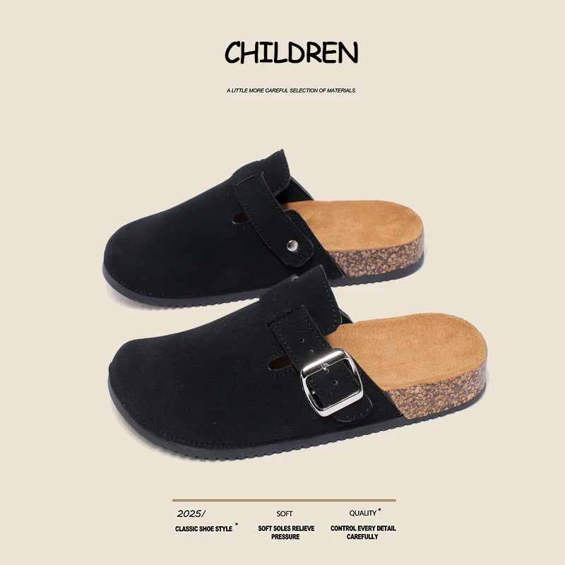 Children's 2026 New Classic Style Buckle Strap Closed-Toe Half-Slippers with Cork Soles, Comfortable Casual Sandals for Spring, Summer, and Autumn, Suitable for Indoor and Outdoor Wear, Simple and Versatile Style Children's S