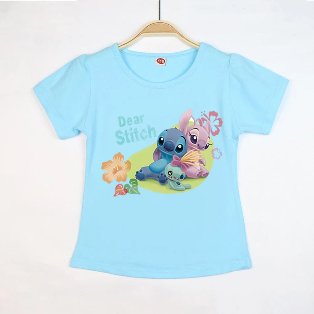 Kid Tops Stitch Girls T Shirts Blue Pink White T-shirts for Kids Teen Girl Clothes Birthday Shirt Top T-SHIRT Children 3-12 Year