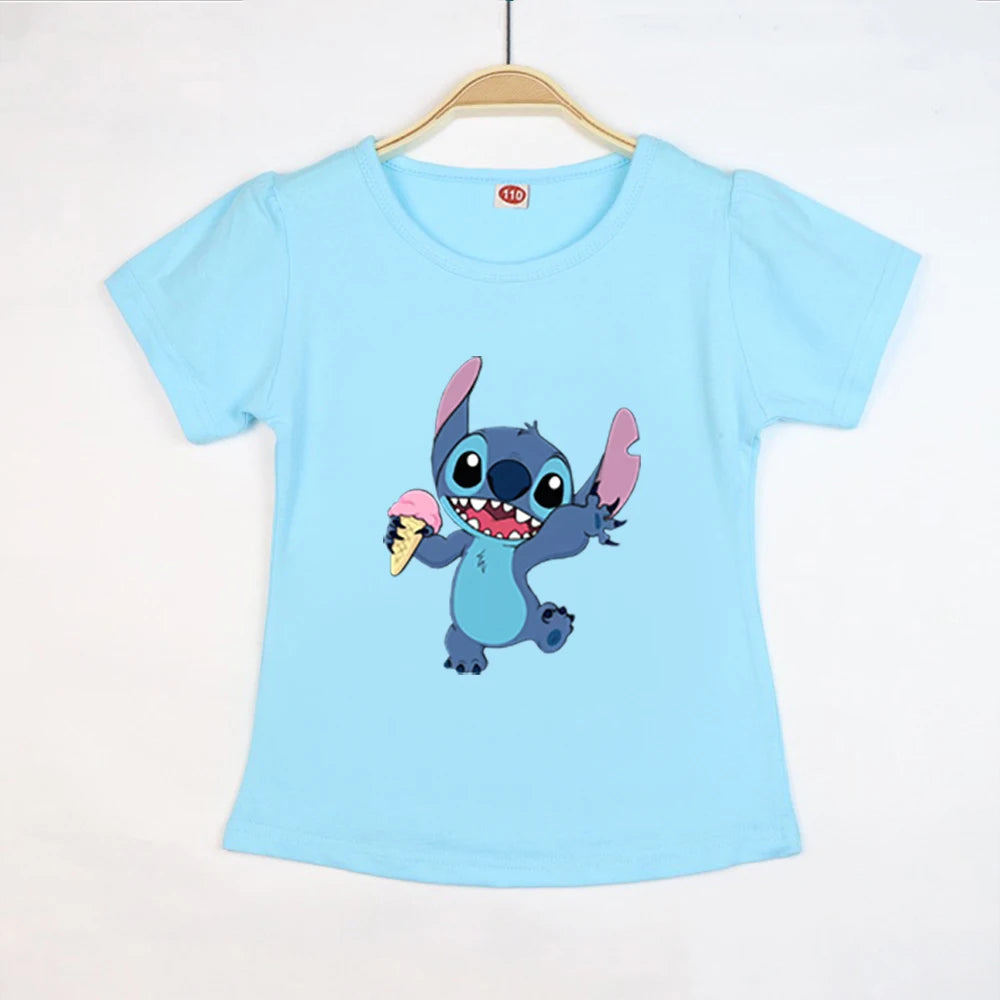 Kid Tops Stitch Girls T Shirts Blue Pink White T-shirts for Kids Teen Girl Clothes Birthday Shirt Top T-SHIRT Children 3-12 Year