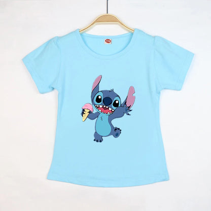 Kid Tops Stitch Girls T Shirts Blue Pink White T-shirts for Kids Teen Girl Clothes Birthday Shirt Top T-SHIRT Children 3-12 Year