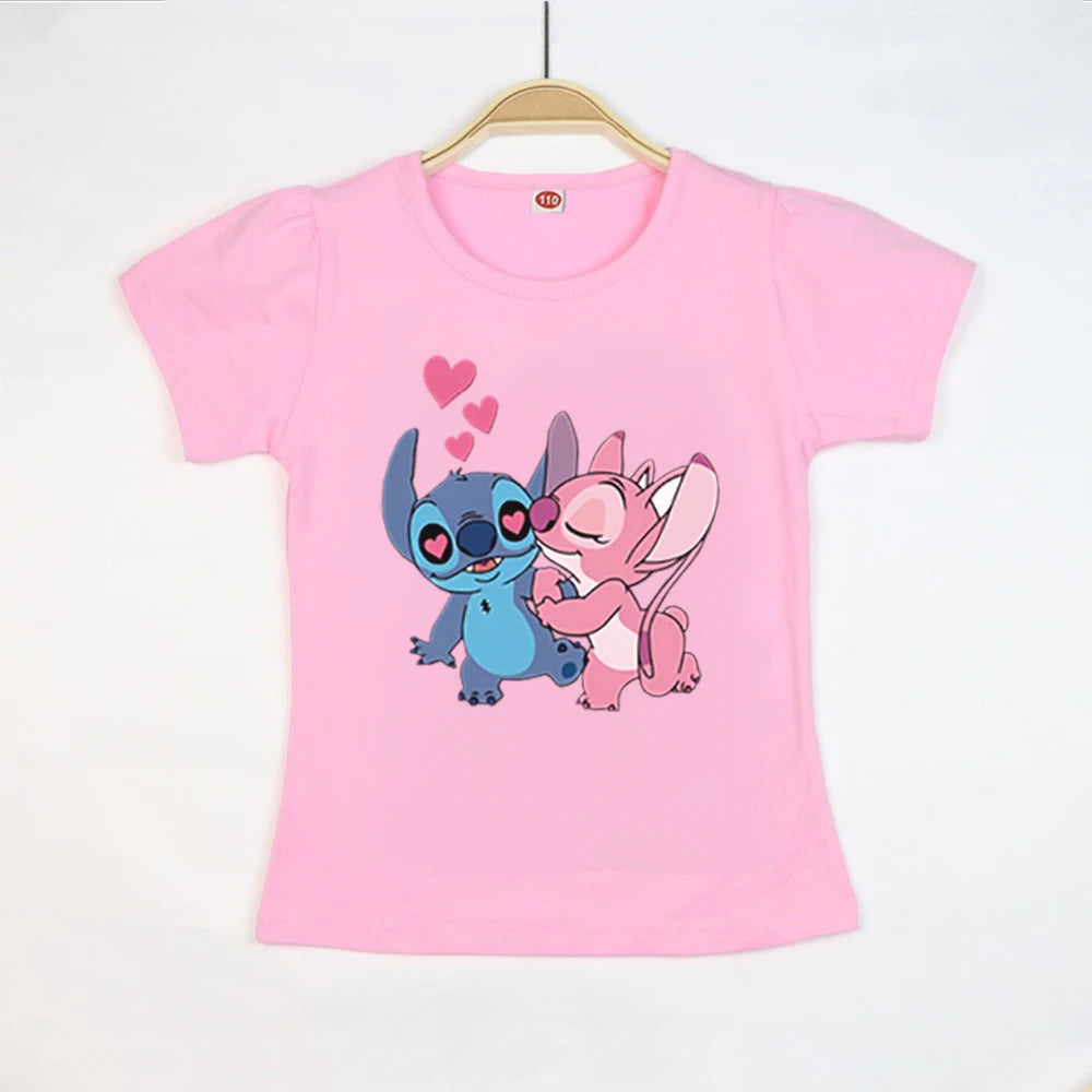 Kid Tops Stitch Girls T Shirts Blue Pink White T-shirts for Kids Teen Girl Clothes Birthday Shirt Top T-SHIRT Children 3-12 Year
