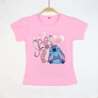 Kid Tops Stitch Girls T Shirts Blue Pink White T-shirts for Kids Teen Girl Clothes Birthday Shirt Top T-SHIRT Children 3-12 Year